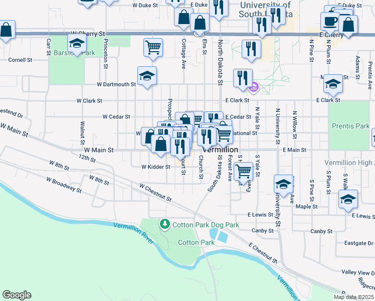 map of restaurants, bars, coffee shops, grocery stores, and more near 1 East Main Street in Vermillion