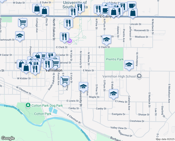 map of restaurants, bars, coffee shops, grocery stores, and more near 2 Linden Avenue in Vermillion