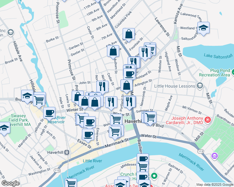 map of restaurants, bars, coffee shops, grocery stores, and more near 123 White Street in Haverhill