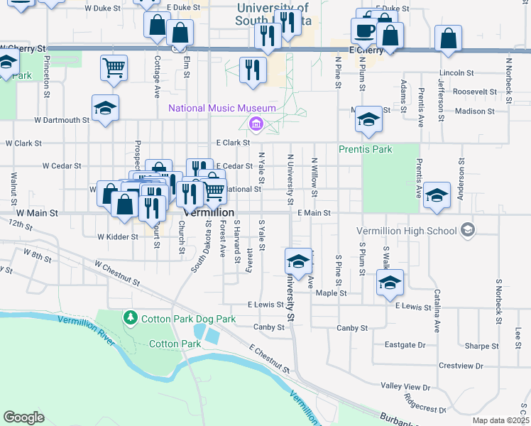 map of restaurants, bars, coffee shops, grocery stores, and more near 415 East Main Street in Vermillion