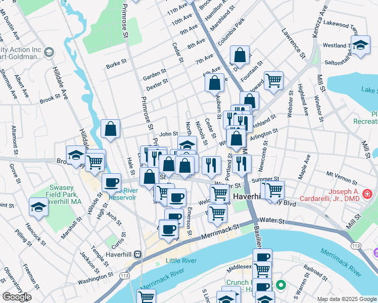 map of restaurants, bars, coffee shops, grocery stores, and more near 17 North Street in Haverhill