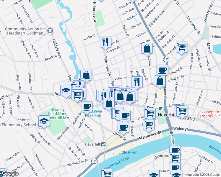 map of restaurants, bars, coffee shops, grocery stores, and more near 99 Primrose Street in Haverhill