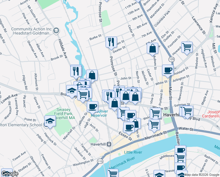 map of restaurants, bars, coffee shops, grocery stores, and more near 39 Lewis Street in Haverhill