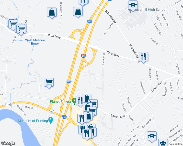 map of restaurants, bars, coffee shops, grocery stores, and more near 130 Carleton Street in Haverhill