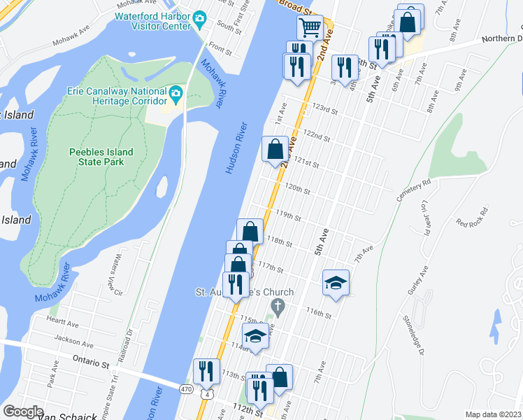 map of restaurants, bars, coffee shops, grocery stores, and more near 702 1st Avenue in Troy
