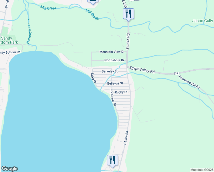 map of restaurants, bars, coffee shops, grocery stores, and more near 8500 Arlington Street in Honeoye