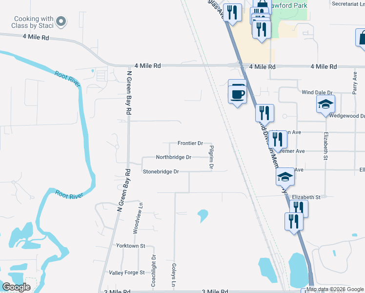 map of restaurants, bars, coffee shops, grocery stores, and more near 2820 Frontier Drive in Racine