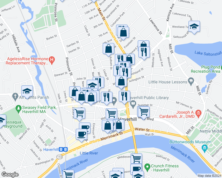map of restaurants, bars, coffee shops, grocery stores, and more near 39 Vine Street in Haverhill