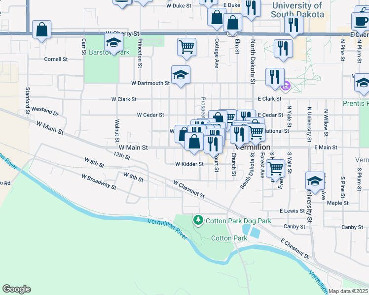 map of restaurants, bars, coffee shops, grocery stores, and more near 211 West Main Street in Vermillion