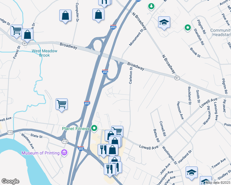 map of restaurants, bars, coffee shops, grocery stores, and more near 130 Carleton Street in Haverhill