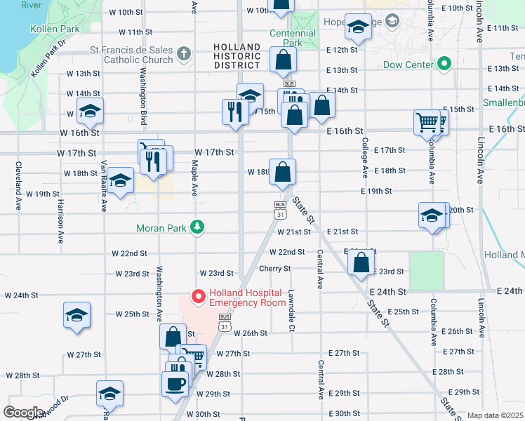 map of restaurants, bars, coffee shops, grocery stores, and more near in Holland
