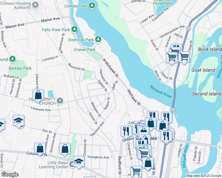 map of restaurants, bars, coffee shops, grocery stores, and more near 43 Harmony Street in Cohoes