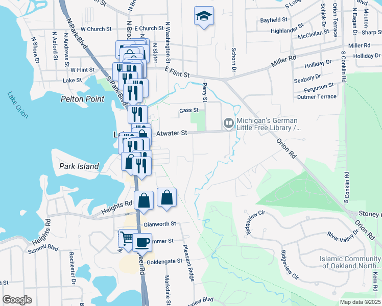 map of restaurants, bars, coffee shops, grocery stores, and more near 328 Newton Drive in Orion charter Township