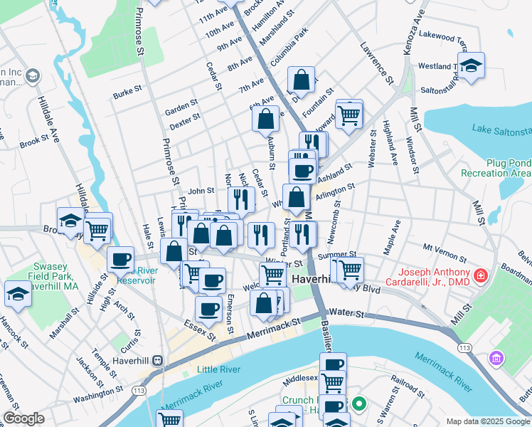 map of restaurants, bars, coffee shops, grocery stores, and more near 3 Nichols Street in Haverhill