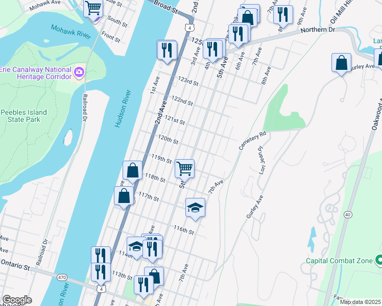 map of restaurants, bars, coffee shops, grocery stores, and more near 729 5th Avenue in Troy