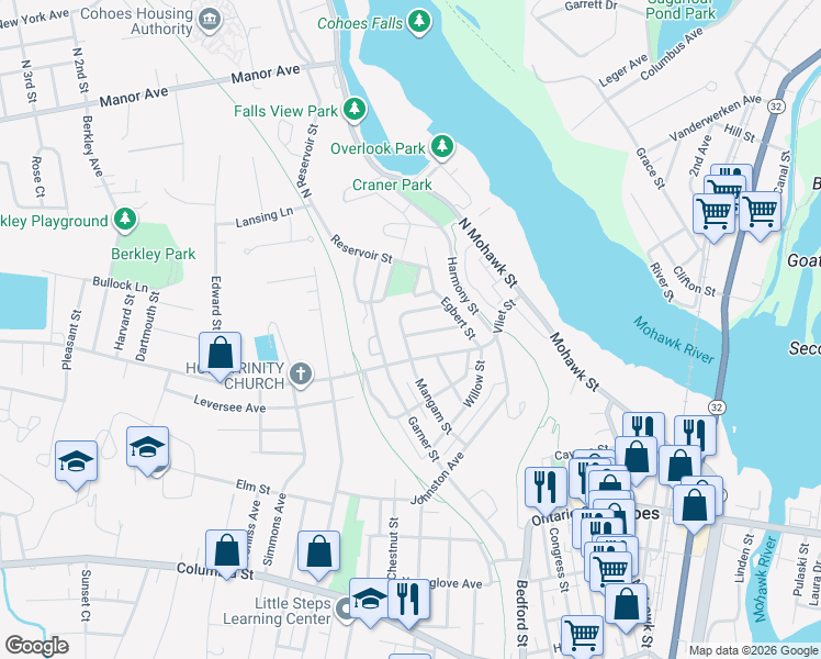 map of restaurants, bars, coffee shops, grocery stores, and more near 20 Jay Street in Cohoes