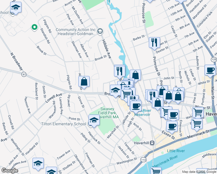 map of restaurants, bars, coffee shops, grocery stores, and more near 14 Thorndike Street in Haverhill