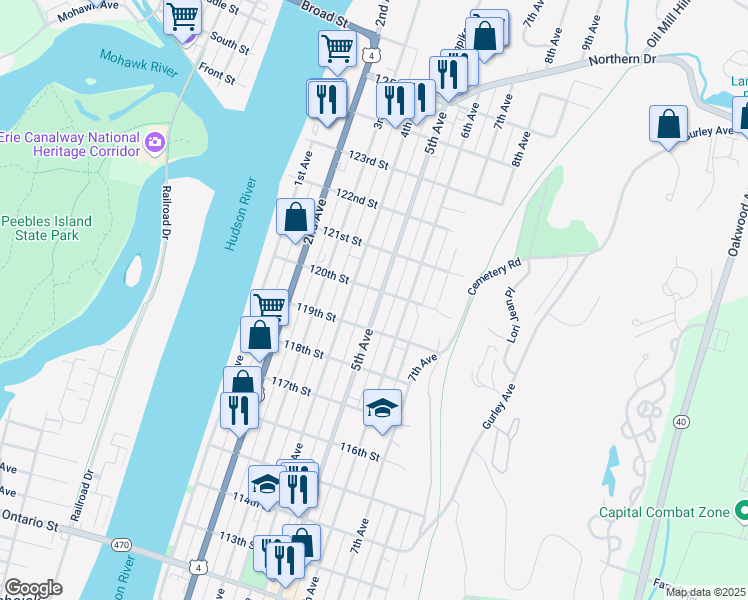map of restaurants, bars, coffee shops, grocery stores, and more near 729 5th Avenue in Troy
