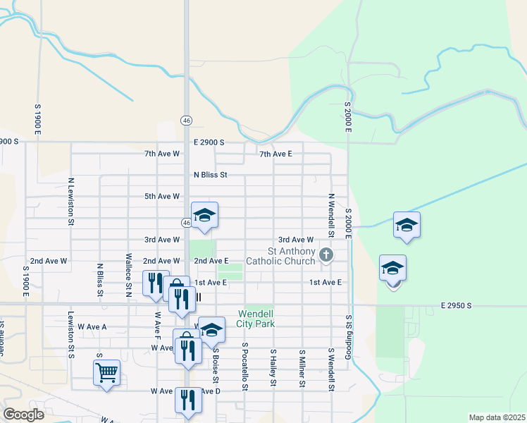 map of restaurants, bars, coffee shops, grocery stores, and more near 385 5th Avenue East in Wendell