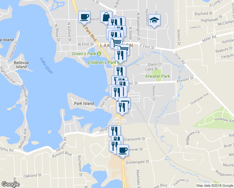 map of restaurants, bars, coffee shops, grocery stores, and more near 71 Park Island Drive in Orion Township