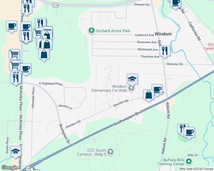 map of restaurants, bars, coffee shops, grocery stores, and more near 3008 Teachers Lane in Orchard Park