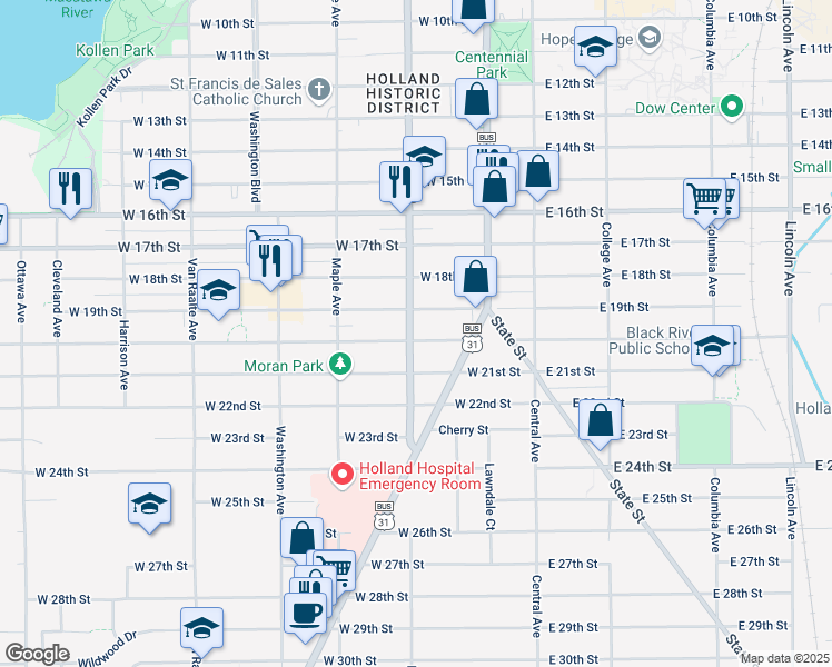 map of restaurants, bars, coffee shops, grocery stores, and more near 106 West 19th Street in Holland