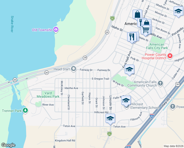 map of restaurants, bars, coffee shops, grocery stores, and more near 114 Hayes Street in American Falls