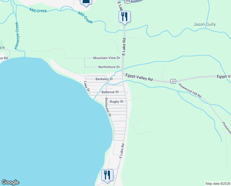 map of restaurants, bars, coffee shops, grocery stores, and more near 8488 Bellevue Street in Honeoye