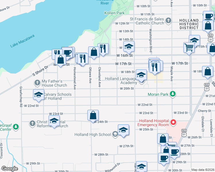 map of restaurants, bars, coffee shops, grocery stores, and more near 362 West 19th Street in Holland