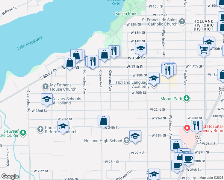 map of restaurants, bars, coffee shops, grocery stores, and more near 459 Cleveland Avenue in Holland