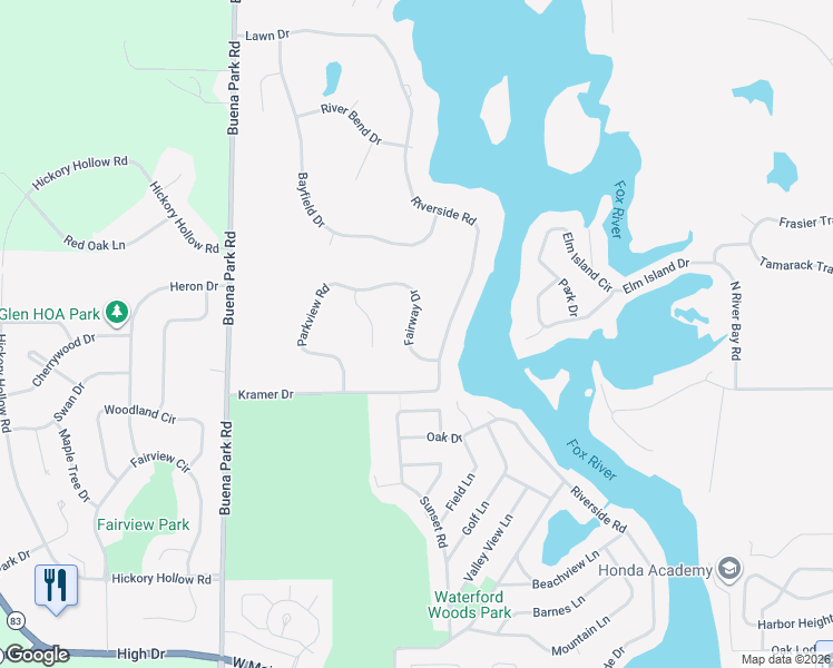 map of restaurants, bars, coffee shops, grocery stores, and more near 4753 Fairway Drive in Waterford