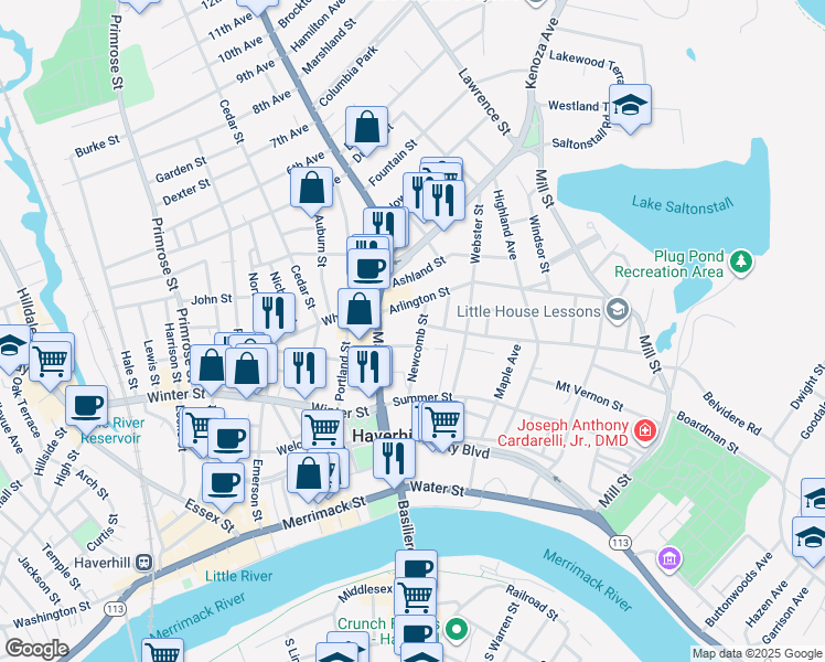 map of restaurants, bars, coffee shops, grocery stores, and more near 52 Newcomb Street in Haverhill