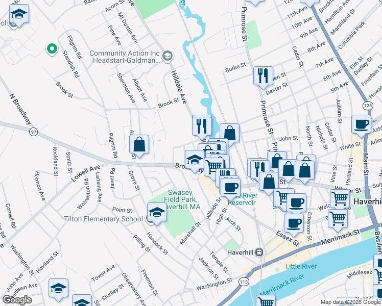 map of restaurants, bars, coffee shops, grocery stores, and more near 25 Thorndike Street in Haverhill
