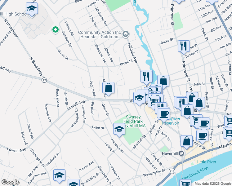 map of restaurants, bars, coffee shops, grocery stores, and more near 24 Victor Street in Haverhill