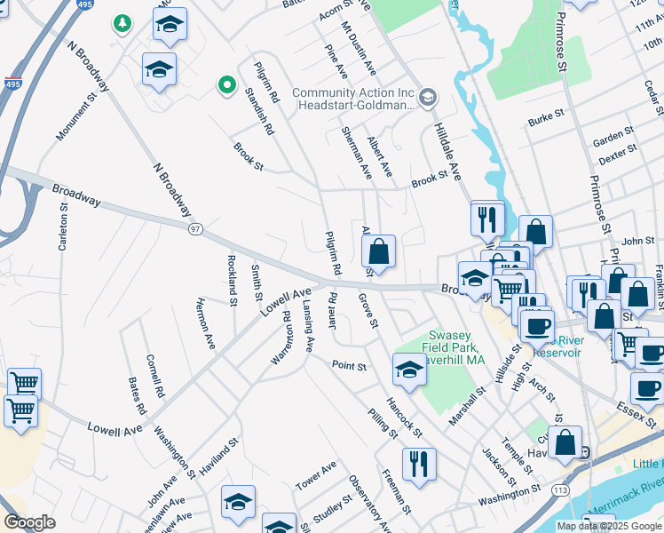 map of restaurants, bars, coffee shops, grocery stores, and more near 9 Pilgrim Road in Haverhill