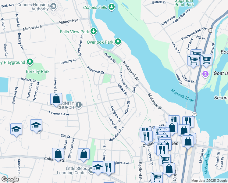 map of restaurants, bars, coffee shops, grocery stores, and more near 5 Jay Street in Cohoes