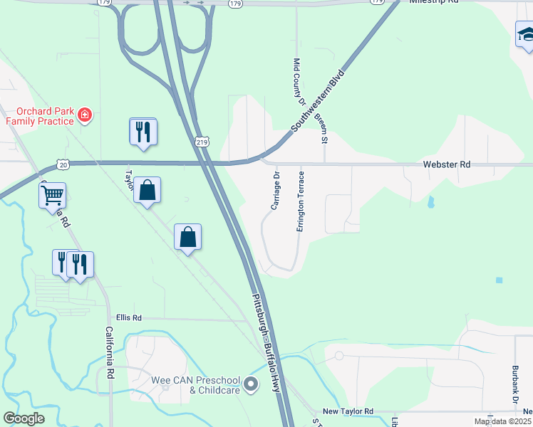 map of restaurants, bars, coffee shops, grocery stores, and more near 60 Carriage Drive in Orchard Park