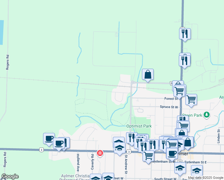 map of restaurants, bars, coffee shops, grocery stores, and more near 53 Willow Drive in Aylmer