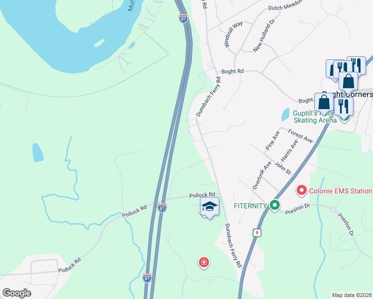 map of restaurants, bars, coffee shops, grocery stores, and more near 80 Dunsbach Ferry Road in Cohoes