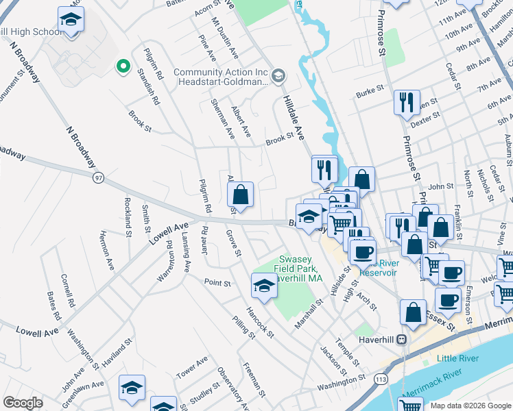 map of restaurants, bars, coffee shops, grocery stores, and more near 24 Victor Street in Haverhill