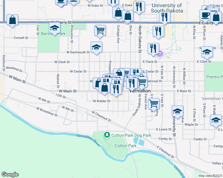map of restaurants, bars, coffee shops, grocery stores, and more near 17 Prospect Street in Vermillion