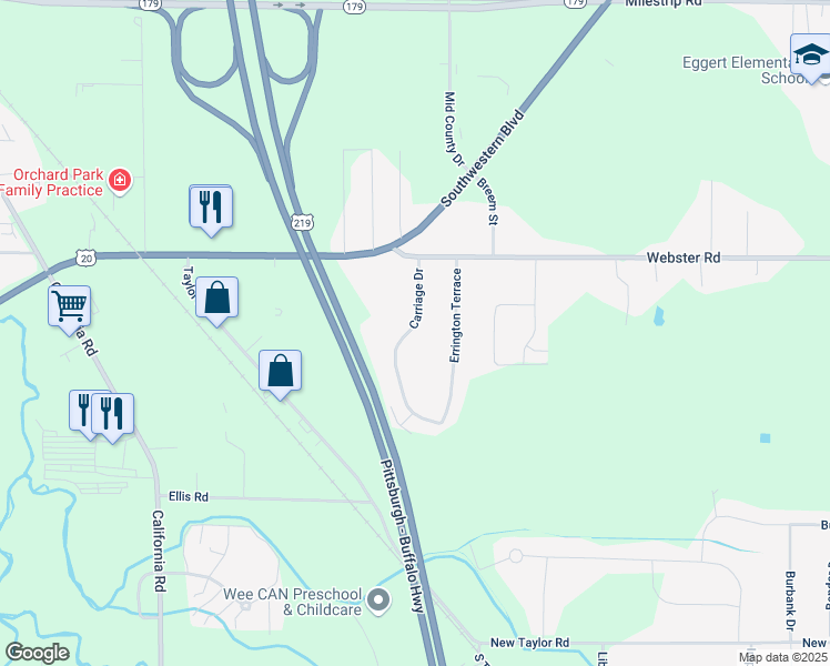 map of restaurants, bars, coffee shops, grocery stores, and more near 75 Carriage Drive in Orchard Park