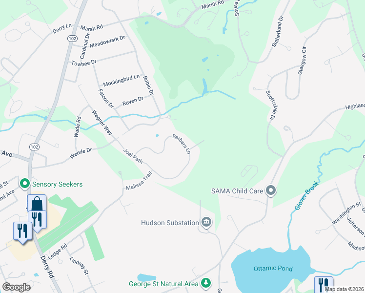 map of restaurants, bars, coffee shops, grocery stores, and more near 79 Barbara Lane in Hudson
