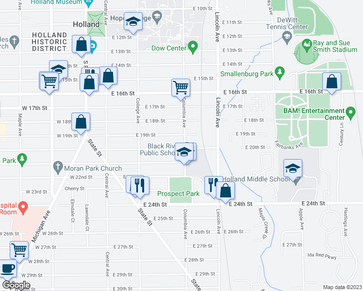 map of restaurants, bars, coffee shops, grocery stores, and more near 476 Columbia Avenue in Holland