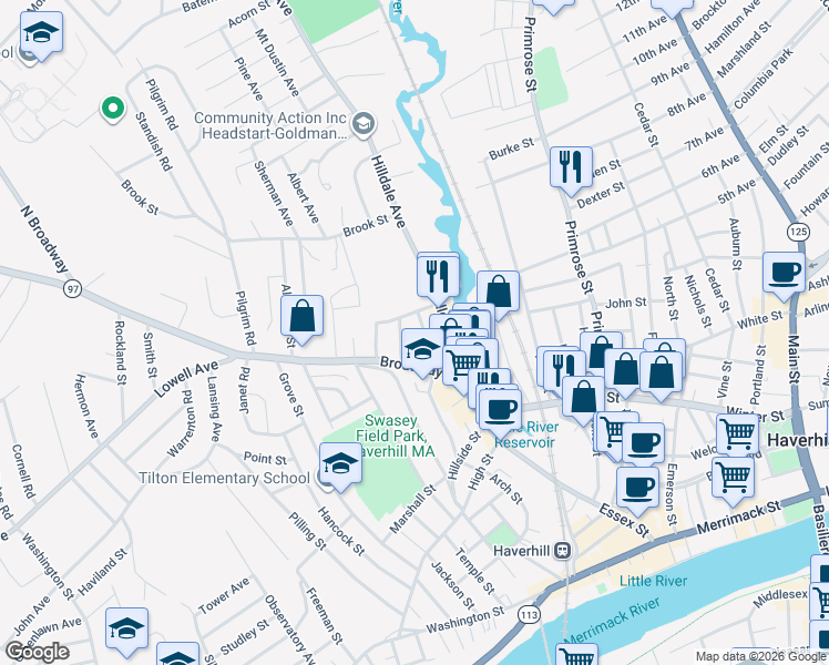 map of restaurants, bars, coffee shops, grocery stores, and more near 25 Thorndike Street in Haverhill