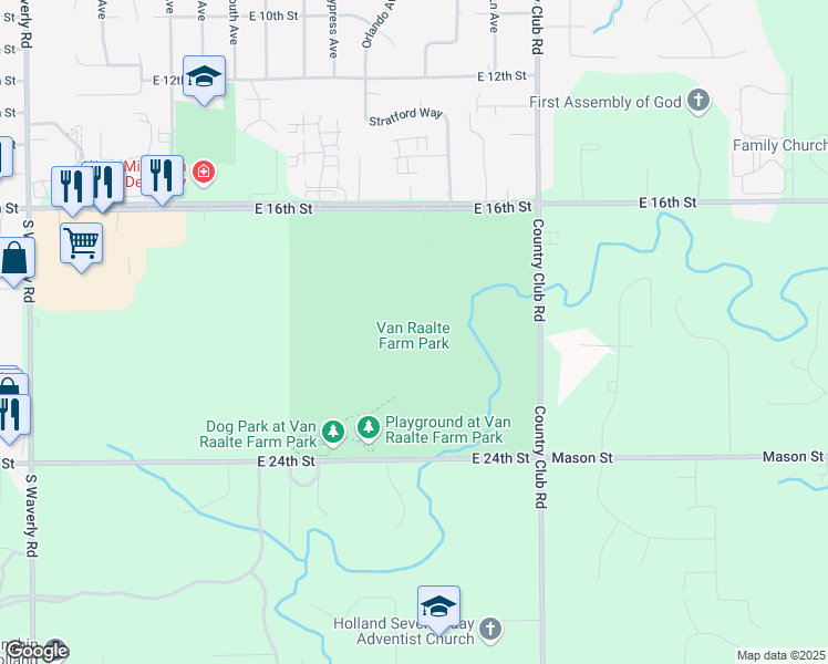 map of restaurants, bars, coffee shops, grocery stores, and more near 1076 East 16th Street in Holland