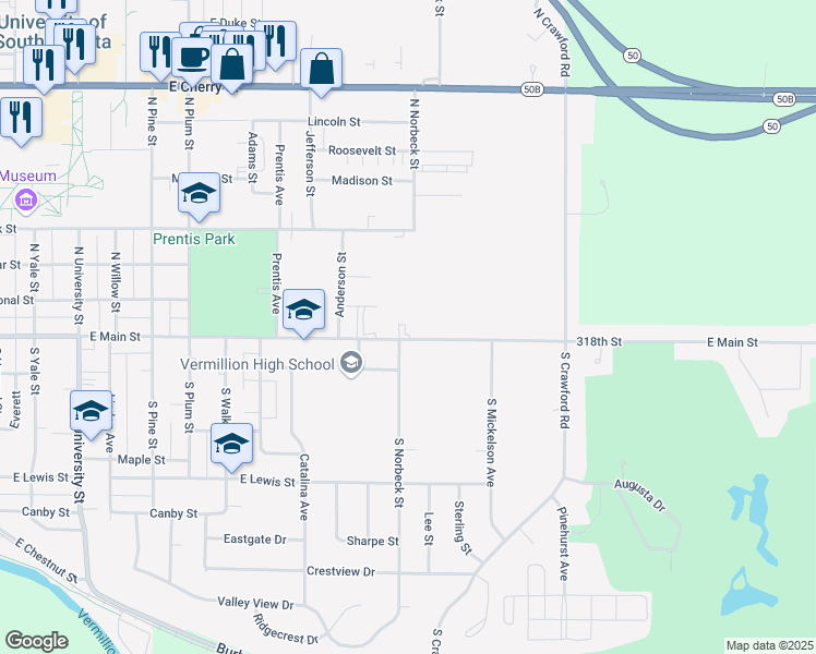 map of restaurants, bars, coffee shops, grocery stores, and more near 1302 East Main Street in Vermillion