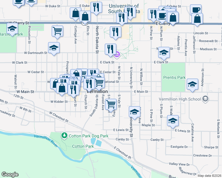 map of restaurants, bars, coffee shops, grocery stores, and more near 19 North Harvard Street in Vermillion