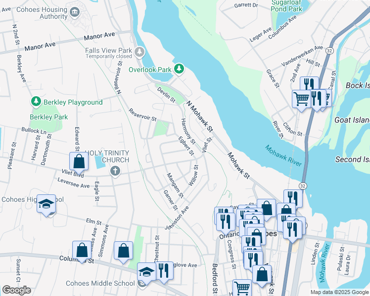 map of restaurants, bars, coffee shops, grocery stores, and more near 1 Hamilton Street in Cohoes