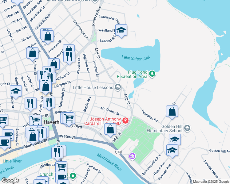 map of restaurants, bars, coffee shops, grocery stores, and more near 111 Chestnut Street in Haverhill
